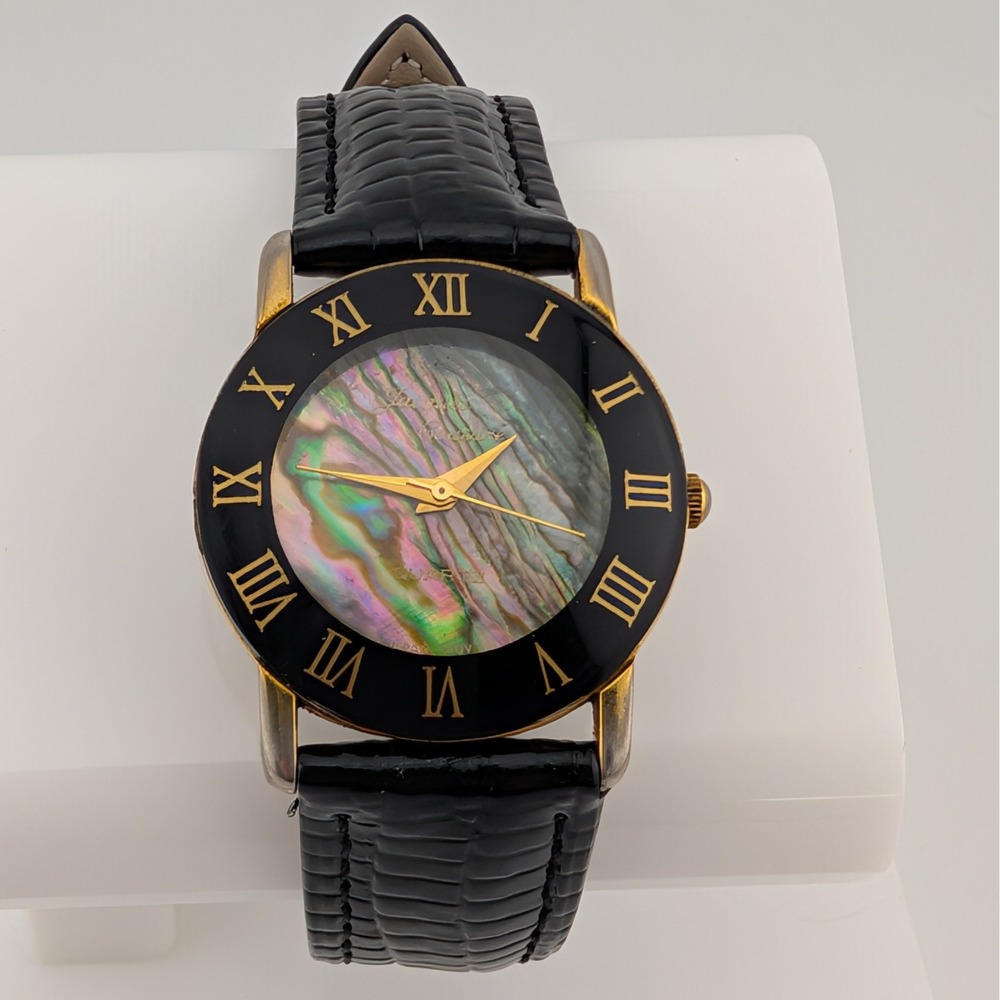 Jacques Couture MOP Style Dial Quartz Watch Black Gold Roman Numerals